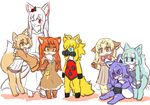  7girls artist_request blonde_hair blue_eyes blue_hair fox furry green_hair long_hair orange_eyes orange_hair red_eyes red_hair white_hair 