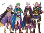  armor bare_legs blonde_hair blue_eyes book boots cape closed_eyes fire_emblem fire_emblem:_kakusei fire_emblem:_monshou_no_nazo fire_emblem_heroes fire_emblem_if full_body gloves green_hair hairband henry_(fire_emblem) highres hood leon_(fire_emblem_if) long_sleeves looking_at_viewer male_focus male_my_unit_(fire_emblem:_kakusei) marich multiple_boys my_unit_(fire_emblem:_kakusei) nezumoto open_mouth red_eyes short_hair smile white_hair 