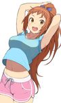  :d accio armpits arms_up bow boyshorts brown_eyes cowboy_shot hair_bow high_ponytail idolmaster idolmaster_cinderella_girls long_hair midriff navel open_mouth orange_hair pantylines short_shorts shorts simple_background smile solo sweat wakabayashi_tomoka white_background 