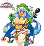  animal_costume blush bouncing_breasts breasts cane cape covered_nipples flippers frog_costume gloves green_gloves hat holding jikuu_no_umi_no_historica large_breasts legs_up light_blue_hair long_hair navel open_mouth round_teeth ryoji_(nomura_ryouji) simple_background solo teeth thighhighs underboob white_background white_legwear 