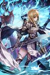  age_of_ishtaria armor balin_(age_of_ishtaria) blonde_hair boots gauntlets ghost hair_between_eyes holding huge_weapon long_hair long_image looking_at_viewer looking_away multiple_girls pleated_skirt shoulder_armor skirt spaulders standing tall_image thigh_boots thighhighs wanke watermark weapon zettai_ryouiki 