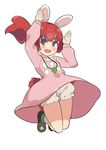  animal_ears arms_up bloomers brown_hair bunny_ears bunny_pose bunny_tail dress fang green_eyes highres jumping kneehighs leg_lift long_hair open_mouth original pink_dress ponytail shoes smile solo tail toy_box-r underwear white_legwear wind wind_lift 
