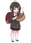  :&lt; backpack bag black_hair black_shirt black_skirt bowl braid child chocolate closed_mouth expressionless full_body highres holding kneehighs original randoseru red_eyes school_uniform shirt shoes short_hair skirt solo standing toy_box-r twin_braids white_legwear 