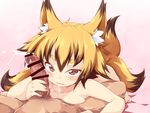  after_fellatio animal_ears bar_censor blonde_hair brown_eyes censored cum cum_in_mouth ejaculation fox_ears fox_tail girl_on_top handjob looking_at_viewer multiple_tails nipples nude original penis reku sanbi_(reku) short_hair solo_focus tail thick_eyebrows 