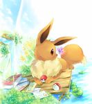  bug butterfly day eevee flower gen_1_pokemon ibui_matsumoto insect no_humans outdoors poke_ball poke_ball_(generic) pokemon pokemon_(creature) smile solo water yellow_flower 