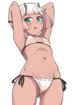  armpits arms_behind_head arms_up bikini dark_skin fang flat_chest green_eyes groin highres horns navel open_mouth original pink_hair short_hair side-tie_bikini solo swimsuit toy_box-r white_bikini 