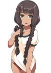  black_hair braid buruma green_eyes gym_uniform highres holding holding_hair long_hair open_mouth original shirt shirt_tug solo toy_box-r twin_braids twintails very_long_hair 