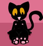  2016 anthro black_fur breasts cat feline female flat_chested foot_focus fur google google_doodle halloween holidays magic_cat_academy mammal mimicp momo_(google) nipples nude open_mouth pawpads paws pussy simple_background sitting smile solo teeth tongue tongue_out video_games yellow_eyes 