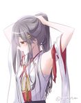  adjusting_hair alternate_hairstyle armpits arms_up black_hair blush brown_eyes closed_mouth commentary_request detached_sleeves eyebrows_visible_through_hair hair_ornament hairclip haruna_(kantai_collection) ichimatsu_nana kantai_collection long_hair mouth_hold nontraditional_miko ribbon-trimmed_sleeves ribbon_trim simple_background solo twitter_username upper_body white_background wide_sleeves 