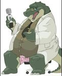  anthro bottemless boxers_(clothing) bulge clothed clothing crocodile crocodilian eyewear glasses male necktie open_mouth overweight reptile scalie simple_background smile solo underwear 