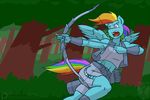  2017 anthro anthrofied arrow bow_(weapon) clothed clothing equine ethanqix feathered_wings feathers female friendship_is_magic hair holding_object holding_weapon mammal multicolored_hair my_little_pony open_mouth outside pegasus rainbow_dash_(mlp) rainbow_hair ranged_weapon solo tree weapon wings 