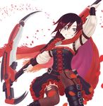  1girl corset lolita_fashion puffy_long_sleeves puffy_sleeves ruby_rose rwby scythe silver_eyes smile solo thighhighs 