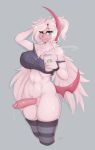  2019 anthro beverage blue_eyes bottomless breasts clothed clothing coffee conditional_dnp digital_media_(artwork) eyelashes eyewear feathered_wings feathers glasses hair herm hi_res holding_object humanoid_penis intersex legwear mega_absol mega_evolution nintendo nipple_bulge off_shoulder penis pok&eacute;mon pok&eacute;mon_(species) precum shiny_pok&eacute;mon shyama simple_background solo striped_legwear stripes video_games white_hair wings wyntersun 