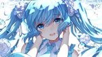  :d air_bubble aqua_eyes aqua_hair aqua_neckwear bangs bison_cangshu bubble eyebrows_visible_through_hair flower hair_flower hair_ornament hands_on_own_cheeks hands_on_own_face hatsune_miku highres long_hair looking_at_viewer necktie open_mouth smile solo submerged teeth twintails underwater upper_body vocaloid wallpaper white_flower 