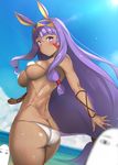  ass bare_shoulders bikini blush bracelet breasts butt_crack collarbone commentary_request cowboy_shot dark_skin day dutch_angle earrings facial_mark fate/grand_order fate_(series) from_behind hairband hoop_earrings jewelry large_breasts long_hair looking_at_viewer medjed nitocris_(fate/grand_order) ocean outdoors purple_eyes purple_hair sidelocks sky smile solo swimsuit thighs untsue very_long_hair water white_bikini 