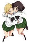  akiyama_yukari black_neckwear blonde_hair blouse brown_eyes brown_hair commentary_request erwin_(girls_und_panzer) girls_und_panzer green_skirt loafers long_sleeves miniskirt multiple_girls neckerchief ooarai_school_uniform pleated_skirt school_uniform serafuku shoes short_hair skirt sonasiz white_background white_blouse 