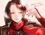  2016 brown_hair dated kashuu_kiyomitsu lips male_focus mole mole_under_mouth morino_bambi nail_polish ponytail red_eyes red_nails scarf smile touken_ranbu twitter_username upper_body 