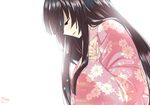  :3 artist_name black_hair commentary_request floral_print half-closed_eyes hand_on_own_chest hime_cut houraisan_kaguya japanese_clothes kimono long_hair long_sleeves mana_(tsurubeji) parted_lips profile signature simple_background solo tears touhou upper_body very_long_hair white_background wide_sleeves 