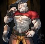  2017 abs anthro biceps blue_eyes clothed clothing feline fur grimoire_of_zero kemono male mammal melee_weapon mercenary_(character) muscular muscular_male pecs solo stripes sword tiger weapon white_fur white_tiger オォカミ 