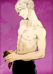  1boy axis_powers_hetalia bare_chest blonde_hair chest gloves green_eyes karacoroxx looking_at_viewer male_focus nipples purple_background simple_background smile solo thick_eyebrows toned united_kingdom_(hetalia) 