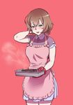  amai_odayaka apron aqua_eyes blue_skirt blush brown_hair cake commentary food hand_behind_head heart-shaped_cake heart-shaped_food highres kjech mittens purple_shirt shirt skirt smile steam tray yandere_simulator 