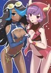  black_hair blue_eyes blue_hair bracelet breasts cleavage dark_skin fake_horns goggles goggles_on_head hair_over_one_eye highres hood hoodie horned_headwear izumi_(pokemon) jewelry kagari_(pokemon) large_breasts long_hair looking_at_viewer mizuki_eiru_(akagi_kurage) multicolored_hair multiple_girls navel open_mouth pokemon pokemon_(game) pokemon_oras purple_eyes purple_hair short_hair smile swimsuit team_aqua team_magma 