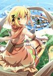  bag bandaged_arm bandages barefoot belt_pouch blonde_hair blurry blush brown_scarf clover_hair_ornament day depth_of_field flower flower_knight_girl from_behind green_eyes hair_flower hair_ornament hand_on_own_knee highres katabami_(flower_knight_girl) landscape looking_at_viewer looking_back marina mizunashi_(second_run) ocean petals pouch scarf short_hair sitting smile solo toeless_legwear toes 