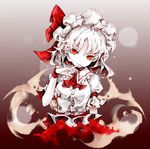  absurdres ascot fingernails hat hat_ribbon head_tilt highres light_smile looking_at_viewer mob_cap nail_polish puffy_short_sleeves puffy_sleeves red_eyes red_nails red_ribbon remilia_scarlet ribbon sharp_fingernails short_sleeves slit_pupils solo touhou upper_body white_hair wrist_cuffs yutapon 