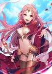  :d antweiyi armor bikini_armor blue_sky breasts brown_eyes brown_legwear cleavage cloud day garter_straps long_hair medium_breasts midriff navel open_mouth original outdoors outstretched_hand petals pink_hair red_eyes scepter sky smile solo standing thighhighs tiara wide_sleeves 