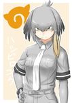  belt bodysuit_under_clothes breast_pocket commentary_request cowboy_shot green_eyes grey_hair grey_shirt hair_between_eyes hair_flaps hand_on_hip highres japari_symbol kemono_friends long_sleeves looking_at_viewer necktie niwatazumi orange_background pocket shirt shoebill_(kemono_friends) short_sleeves shorts sidelocks solo translation_request 