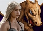  ambiguous_gender bald beige_nose blue_eyes breasts charizard clothing crossover daenerys_targaryen dragon duo female game_of_thrones hair heroforpain human long_hair mammal nintendo open_mouth pok&eacute;mon sharp_teeth simple_background teeth tongue video_games white_background white_hair wings 