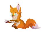  book canine claws feral fox fur green_eyes mammal orange_fur paws rikitoka simple_background smile solo white_background 