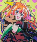  1girl :d ahoge blush book breasts erect_nipples hair_ribbon holding holding_book long_hair long_sleeves looking_at_viewer mehlis_(sennen_sensou_aigis) open_book open_mouth orange_eyes orange_hair ribbon sennen_sensou_aigis smile solo soune1000 traditional_media two_side_up very_long_hair 