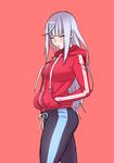  commentary hands_in_pockets highres hood hooded_jacket hooded_track_jacket jacket kjech lips megami_saiko pants thighs track_jacket track_pants white_eyes white_hair yandere_simulator 