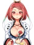  blush breasts cleavage earrings flower folks_(nabokof) gradient_hair green_hair holding holding_flower jewelry laphicet_(tales) large_breasts mature mother_and_son multicolored_hair red_eyes red_flower red_hair red_rose rose seres_(tales) shiny shiny_skin short_hair solo_focus tales_of_(series) tales_of_berseria upper_body white_background white_hair 