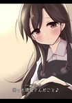  1girl admiral_(kantai_collection) arashio_(kantai_collection) blush brown_hair buttons closed_mouth commentary_request dress highres kantai_collection long_hair long_sleeves petting pinafore_dress remodel_(kantai_collection) school_uniform shirt simple_background smile soramuko translated white_shirt 