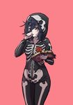  black_hair commentary heart highres hood hoodie kjech oka_ruto_(yandere_simulator) one_eye_closed onesie pajamas purple_eyes skeleton_costume skull_print toothbrush toothbrush_in_mouth yandere_simulator zipline 