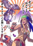  ainu_clothes bird bow bracelet breasts brown_hair commentary_request dark_skin earrings fingerless_gloves gloves hawk headband highres hoop_earrings jewelry king_of_dinosaurs large_breasts long_hair makeinu mamahaha multiple_girls nail_polish nakoruru ponytail ribbon samurai_spirits the_king_of_fighters the_king_of_fighters_xiv translation_request zarina 