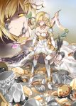  1girl animal_ears bell blonde_hair blurry blurry_background breasts broken_glass bunny bunny_ears cleavage commentary_request detached_sleeves djeeta_(granblue_fantasy) dress flower glass granblue_fantasy hair_ornament harp high_heels holding holding_weapon instrument kazetto shaded_face shoulder_armor slime solo staff sword the_glory thighhighs weapon white_dress white_flower yellow_eyes 