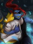  alphys anthro clothed clothing duo entsk eye_patch eyewear fish glasses lizard marine reptile scalie smile undertale undyne video_games 