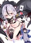  1girl :o black_gloves black_hair black_legwear blue_jacket blush braid card chain choker cube gloves grey_hair hair_between_eyes holding isekai_nara_neet_ga_hataraku_to_omotta? jacket long_hair midriff multicolored_hair navel nekometaru official_art open_mouth pink_eyes short_hair thighhighs 