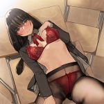  1girl bangs black_hair blush bow bow_bra bow_panties bra brown_eyes chair coat desk glasses lace lace_bra lace_panties long_hair low_twintails lowres lying necktie open_mouth original panties panties_under_pantyhose pantyhose red_bra red_panties red_ribbon ribbon school_chair school_desk school_uniform shirt solo twintails underwear undressing white_shirt yomu_(sgt_epper) 