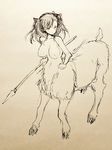  1girl breasts centaur female full_body hooves monochrome monster_girl murayama_kei nipples solo spear traditional_media twintails weapon 