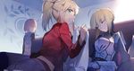  ahoge aqua_eyes armor artoria_pendragon_(all) bianyuanqishi blonde_hair blue_ribbon closed_eyes commentary_request fate/apocrypha fate/grand_order fate/stay_night fate_(series) finger_to_mouth fou_(fate/grand_order) glasses hair_ribbon highres index_finger_raised looking_at_another looking_at_viewer mash_kyrielight mordred_(fate) mordred_(fate)_(all) multiple_girls open_mouth ponytail purple_eyes purple_hair ribbon saber short_hair sleeping smile teeth 