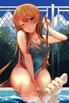  alternate_costume bad_perspective bare_legs bare_shoulders barefoot between_legs blue_eyes blush braid breasts brown_hair chain-link_fence cleavage cloud commentary_request competition_swimsuit covered_navel day fence granblue_fantasy highres impossible_clothes kapibara_(mc0314) lecia_(granblue_fantasy) lips long_hair looking_at_viewer medium_breasts one-piece_swimsuit one_eye_closed outdoors parted_lips pool poolside single_braid sitting sky solo swimsuit thighs tree water wet wet_clothes 