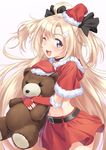  ;d alternate_costume blonde_hair formation_girls highres long_hair olga_hodrewa one_eye_closed open_mouth santa_costume skirt smile solo stuffed_animal stuffed_toy teddy_bear tenkuu_nozora 