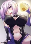  bare_shoulders black_legwear blush breasts cleavage cleavage_cutout covered_nipples elbow_gloves eyes_visible_through_hair fate/grand_order fate_(series) food girl_on_top gloves hair_over_one_eye ken_tatsuki large_breasts looking_at_viewer mash_kyrielight navel navel_cutout onigiri open_mouth pov purple_eyes purple_gloves purple_hair short_hair smile solo thighhighs 