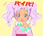  1girl blush dark_skin dress long_hair meredy open_mouth purple_eyes purple_hair tales_of_(series) tales_of_eternia twintails yellow_background 