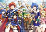  alen_(fire_emblem) armor belt blue_eyes blue_hair cape chad_(fire_emblem) closed_eyes commentary_request company_connection copyright_name cross-laced_clothes day dieck echidna_(fire_emblem) fantasy fingerless_gloves fir fire_emblem fire_emblem:_fuuin_no_tsurugi fire_emblem:_hasha_no_tsurugi fire_emblem_cipher fur_trim gloves gold_trim green_hair grey_eyes headband holding holding_weapon intelligent_systems lance_(fire_emblem) lilina lleu_(fire_emblem) long_hair lugh_(fire_emblem) multiple_boys multiple_girls nintendo official_art open_mouth outdoors pants pegasus pegasus_knight polearm red_hair roy_(fire_emblem) short_hair short_sleeves skirt sky smile spear staff sword thany tiena watermark weapon yamada_koutarou 
