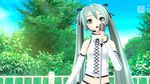  3d :o bare_shoulders black_ribbon blue_sky bow cloud copyright_name cropped_shirt cross-laced_clothes day detached_sleeves green_hair grey_eyes hair_between_eyes hair_bow hatsune_miku headset highres laces long_hair microphone midriff music navel open_mouth outdoors project_diva_(series) railing ribbon screencap shiny shiny_hair shirt singing skirt sky solo tied_hair tree twintails vintage_microphone watermark white_shirt white_skirt white_sleeves 